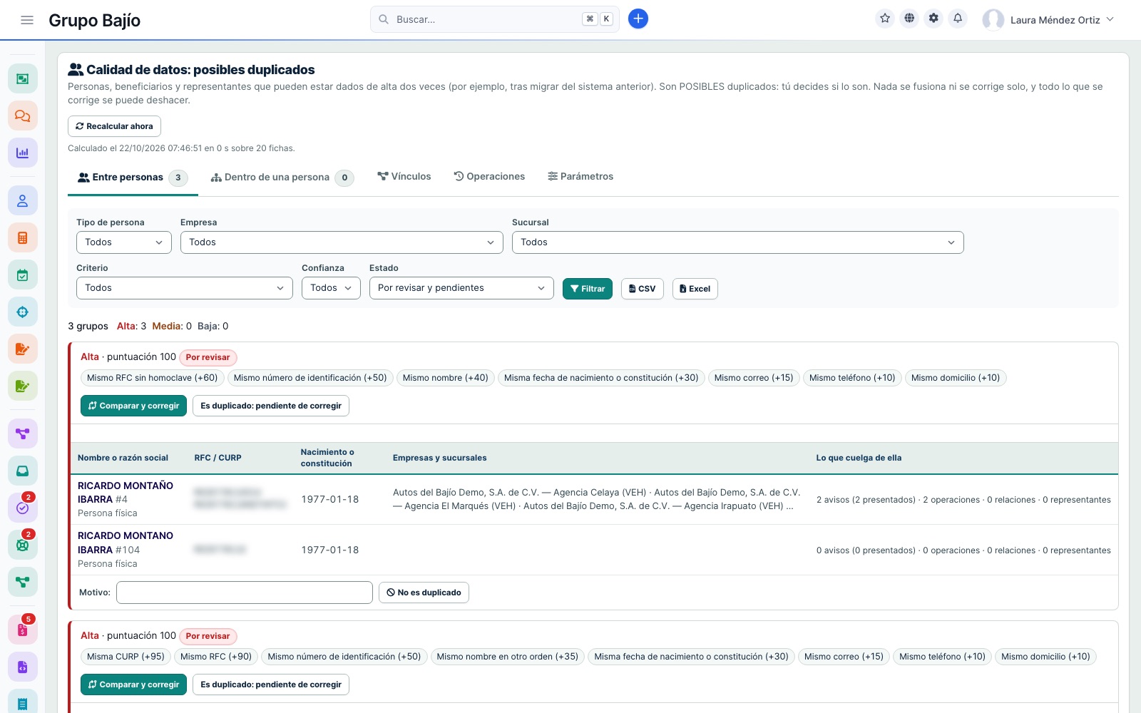 Data quality: groups of possible duplicates with their confidence, the matching criteria, and what hangs from each record
