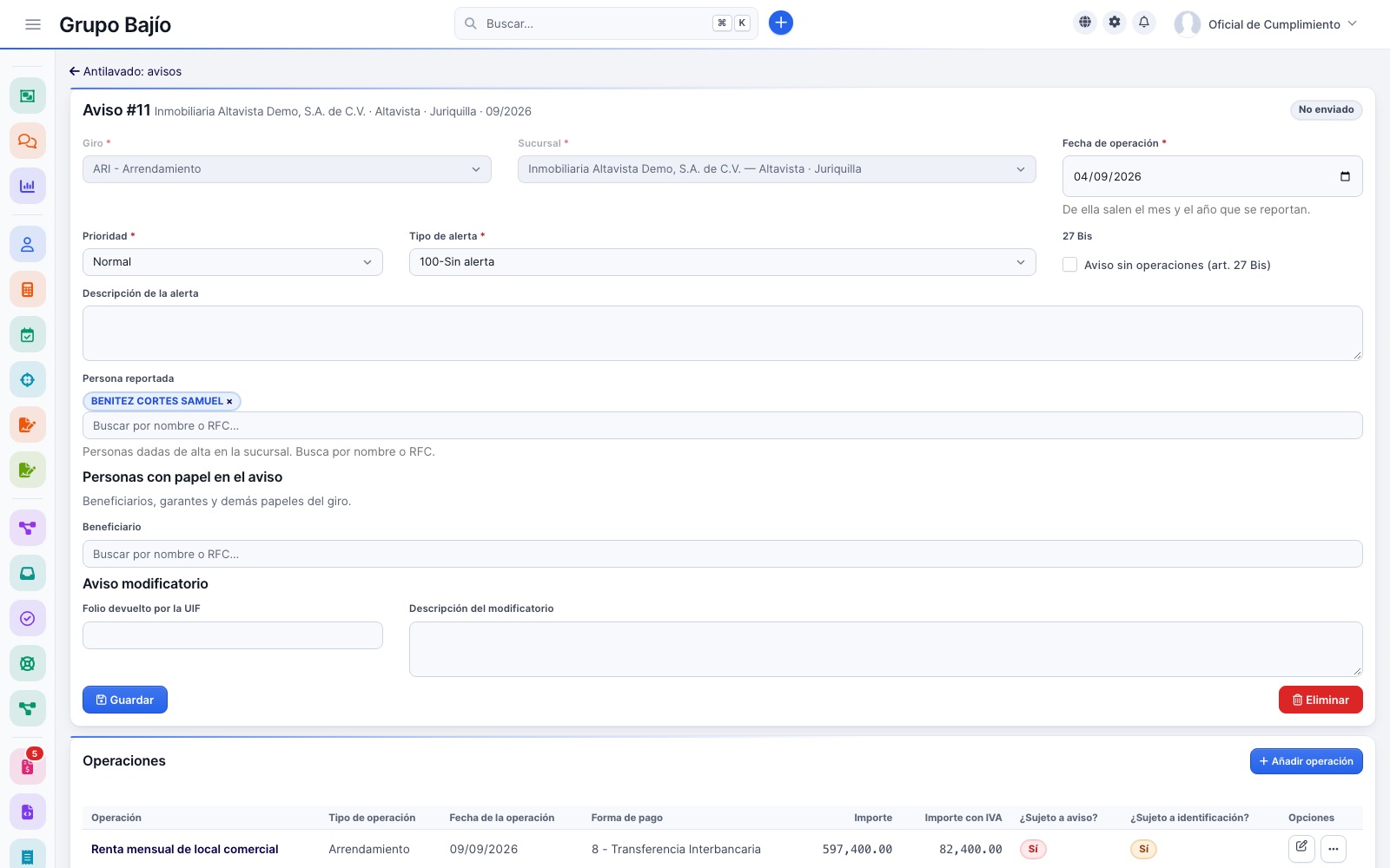 Record of a leasing filing with its branch, priority, alert type, reported person and operations