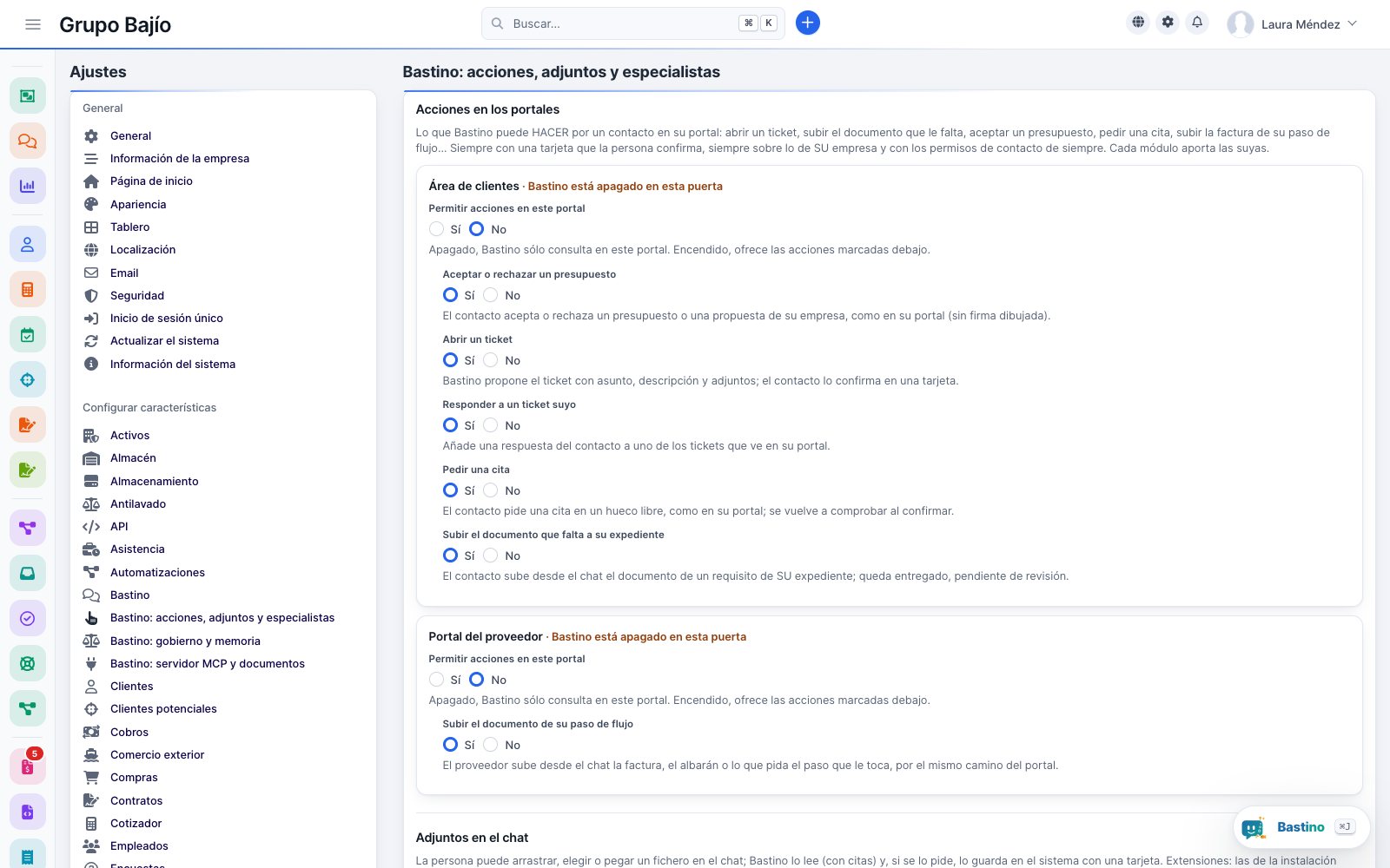 Bastino actions settings: what it can do per module, attachments and specialists