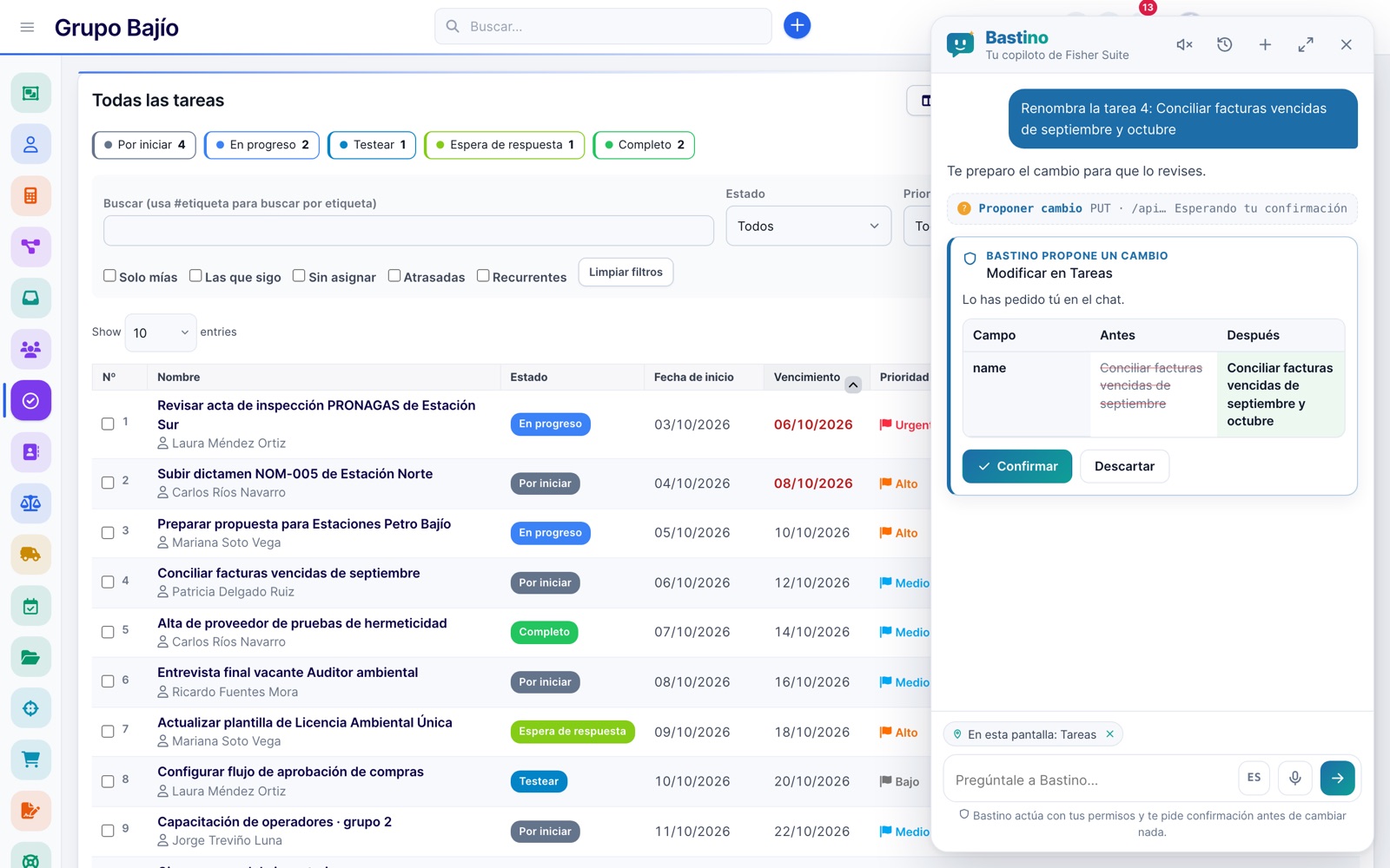 Bastino proposes renaming a task and shows the before and after of the field, with Confirm and Discard buttons