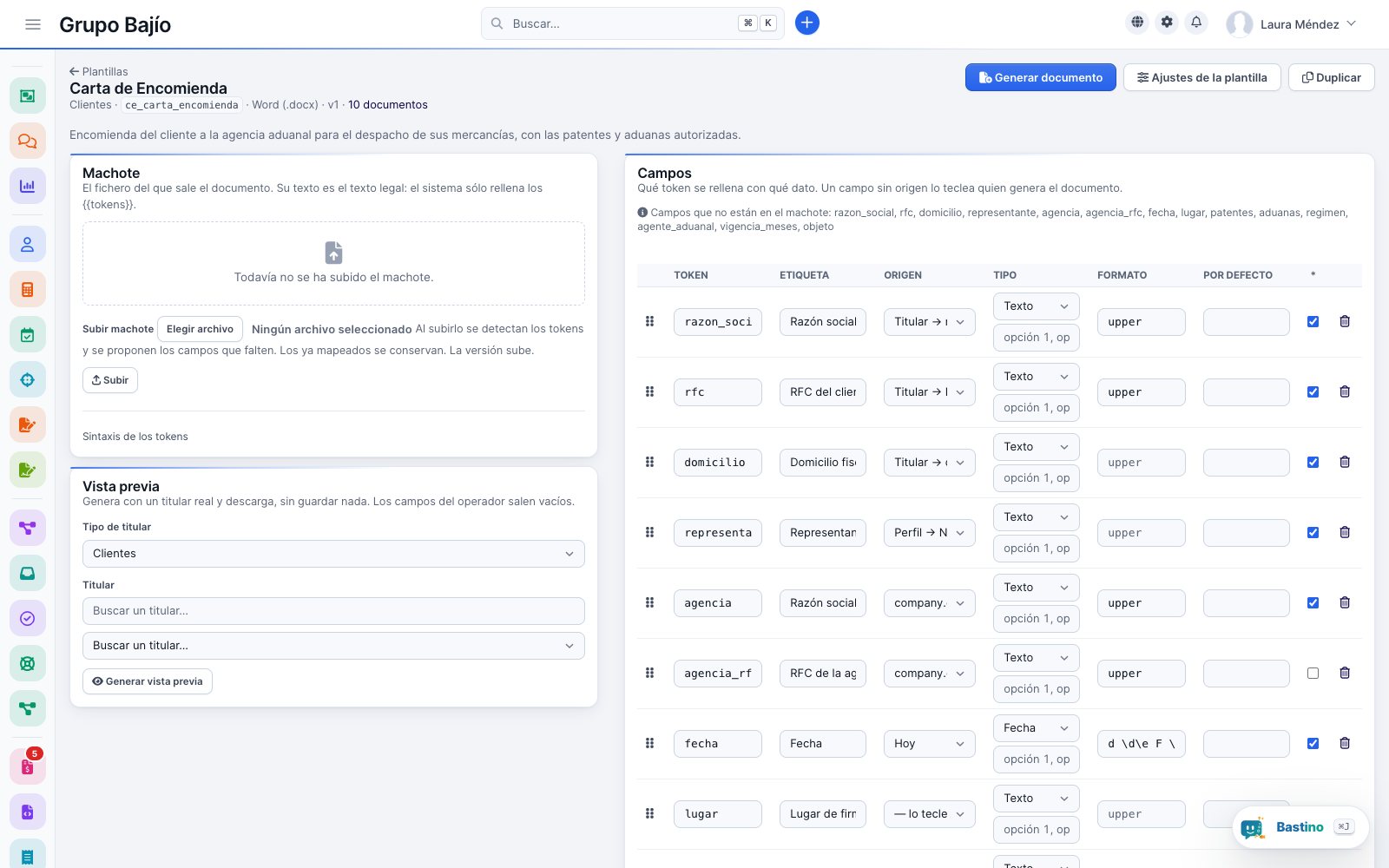 Commission letter template with its fields: company name, RFC, address, representative, brokerage, date and place