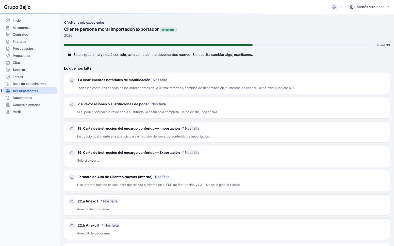 Customer portal: file with progress bar and the list of what remains to be delivered
