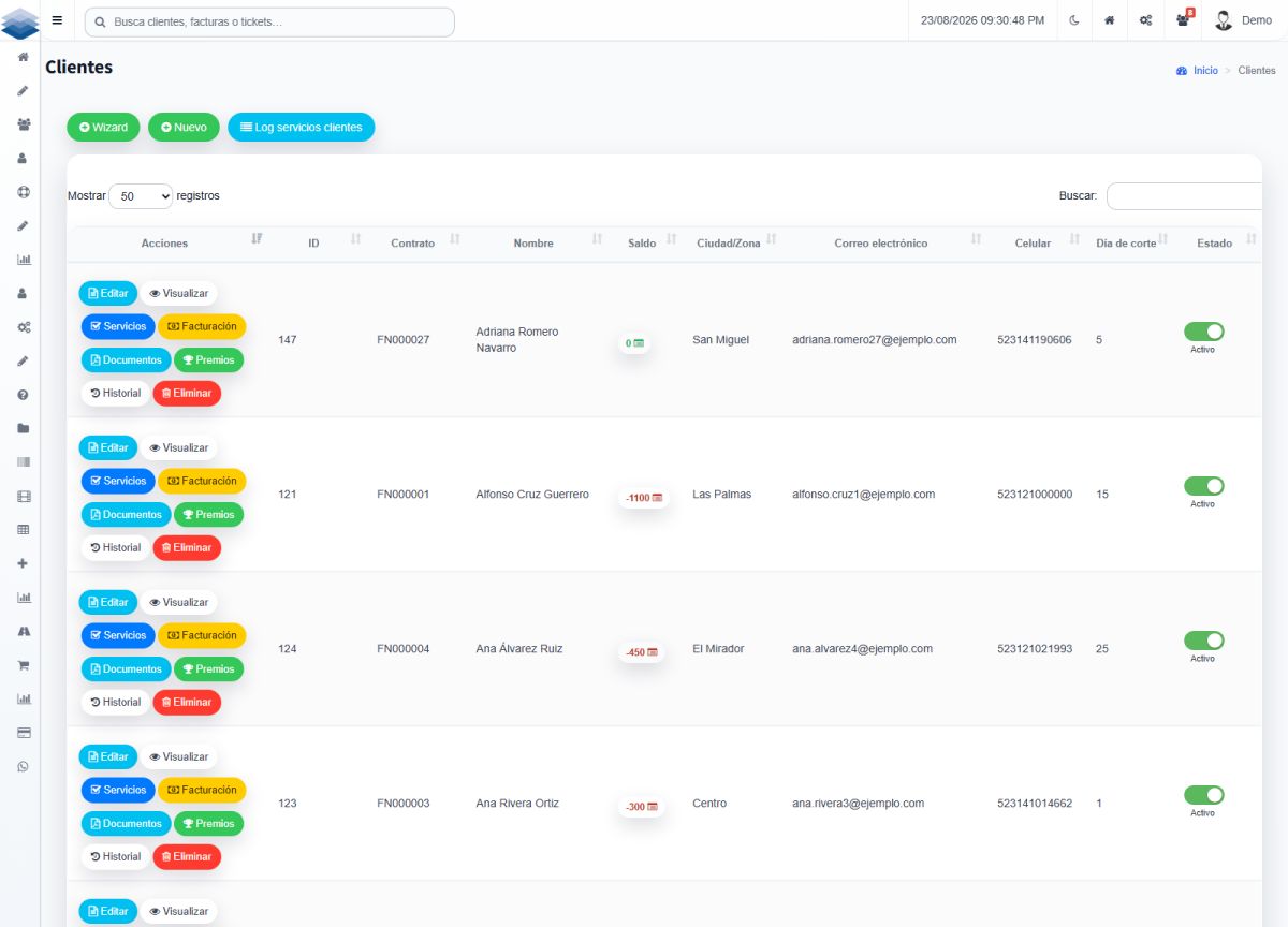 CRM customer list with balances, contract and service status