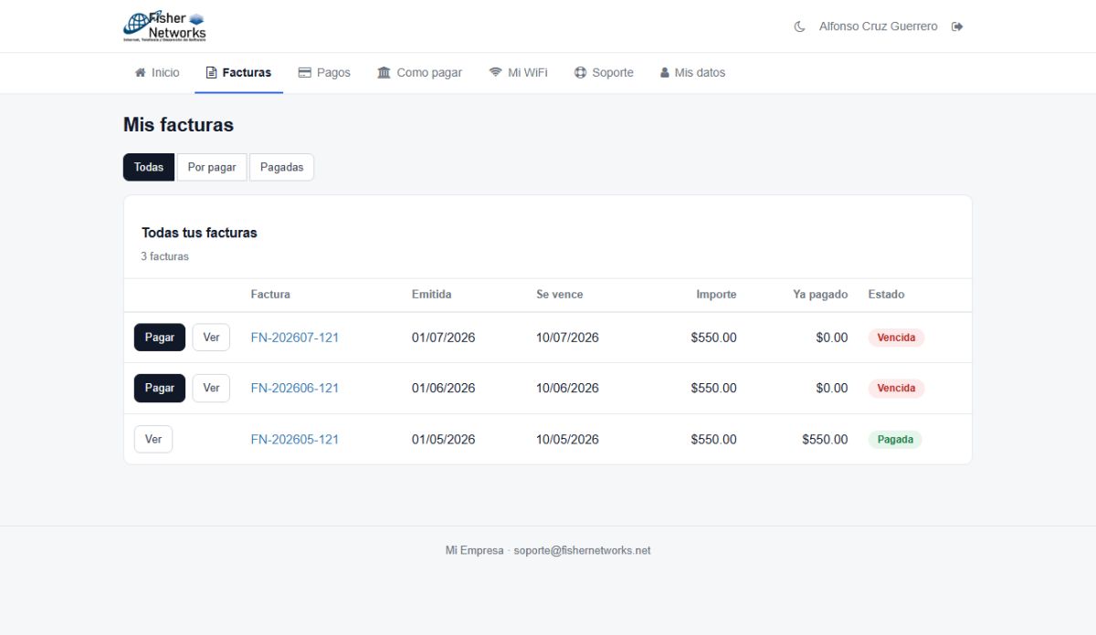 Customer invoices in the portal, with a pay button and the status of each