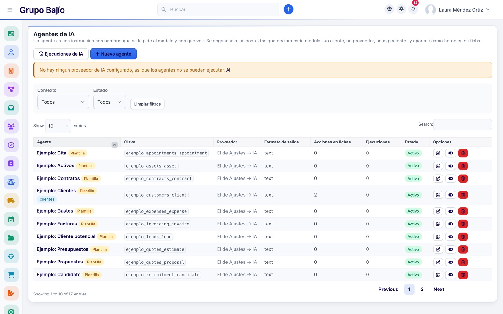 AI agents with provider, output format and actions per context