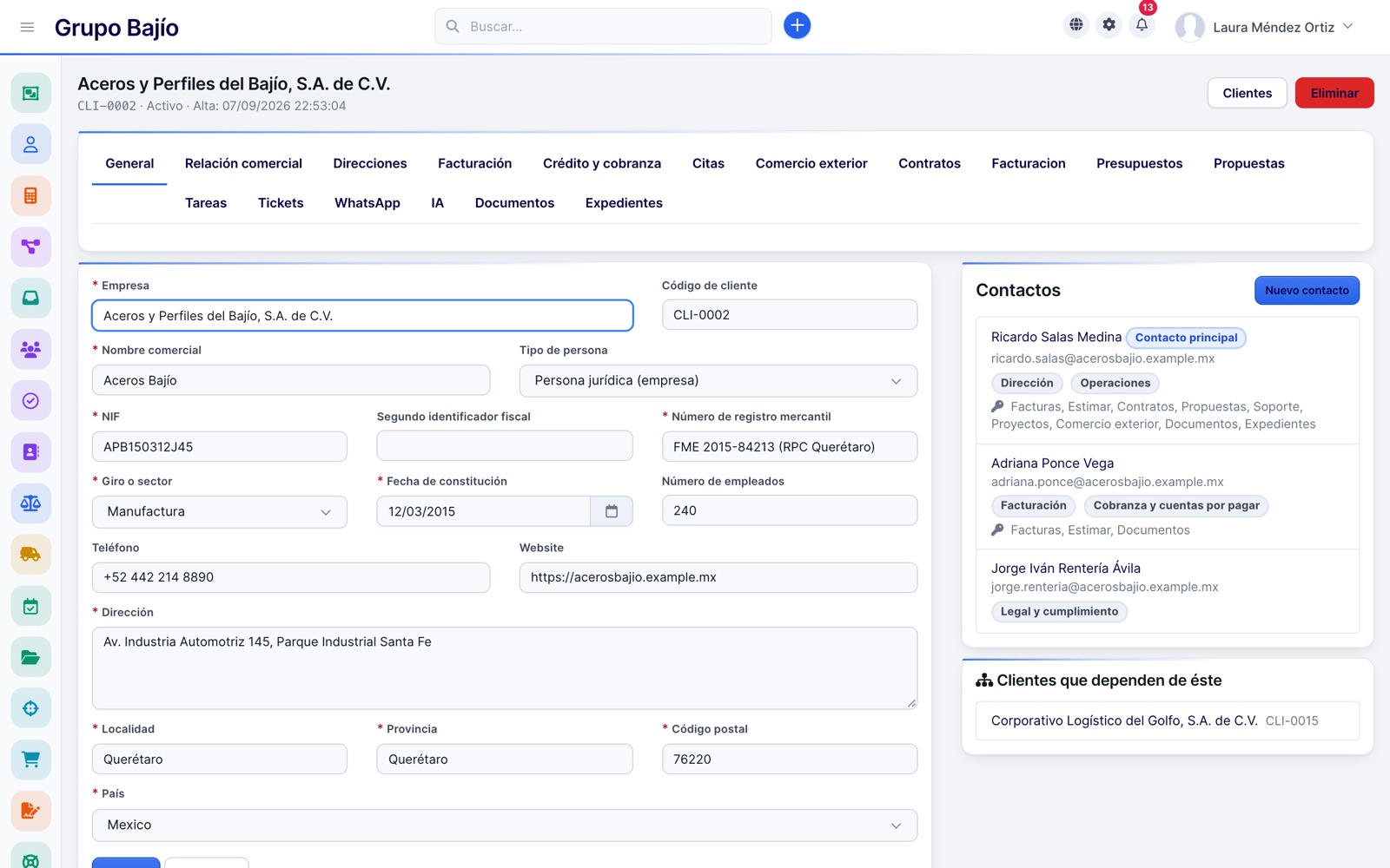 Customer record by tabs with tax data, contacts with roles and subsidiary companies