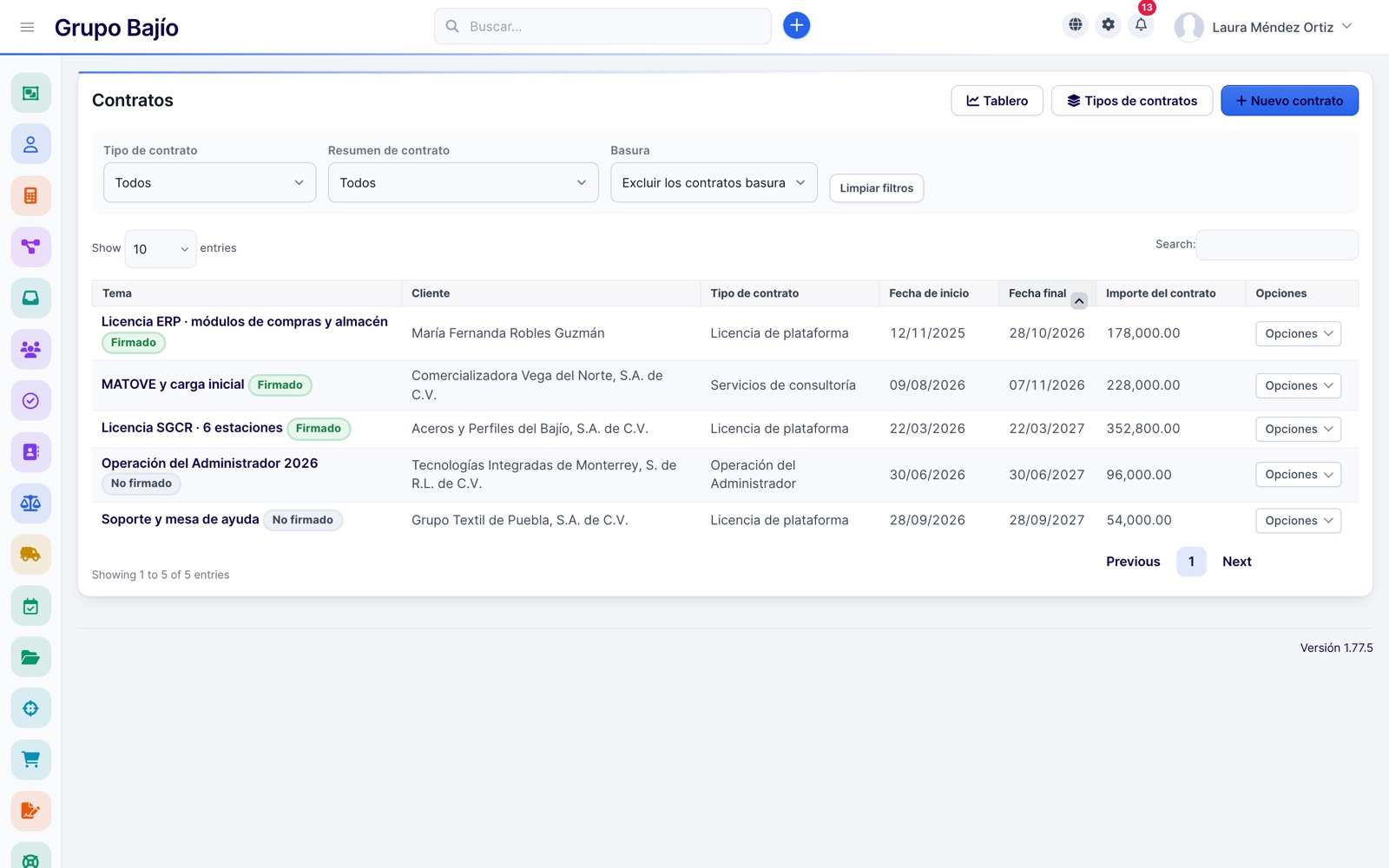 List of contracts with type, customer, dates, amount and signed status