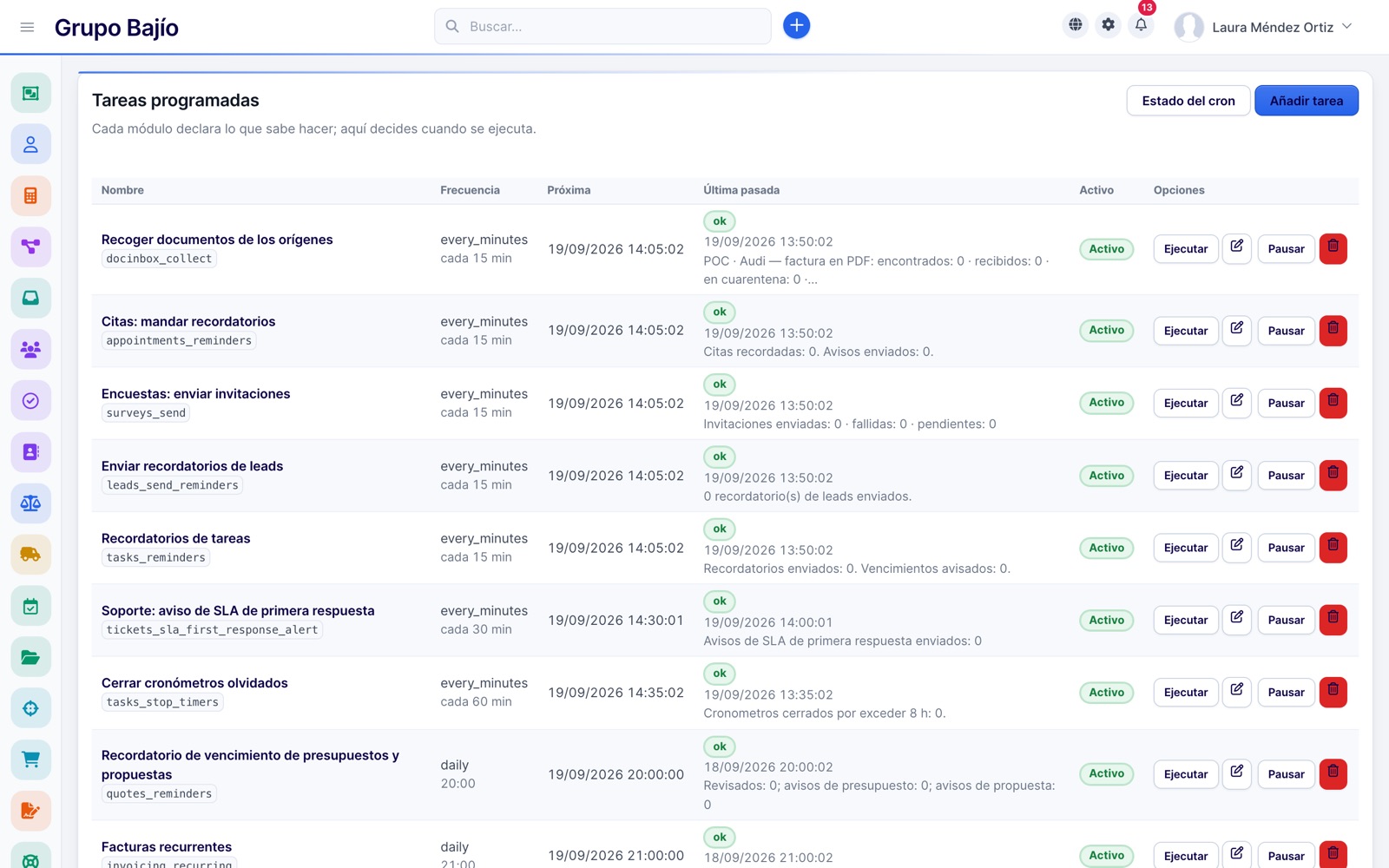 Scheduled tasks with frequency, next run and last result