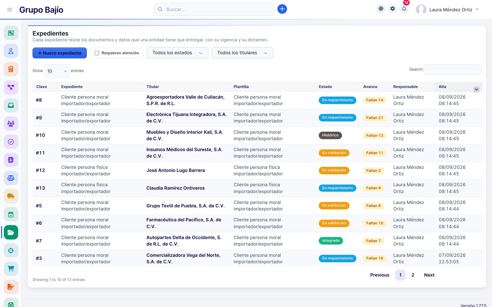 List of case files with template, status and missing documents