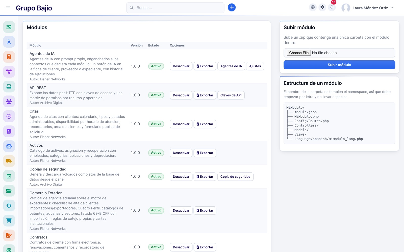 Installable module manager with activate, deactivate and export