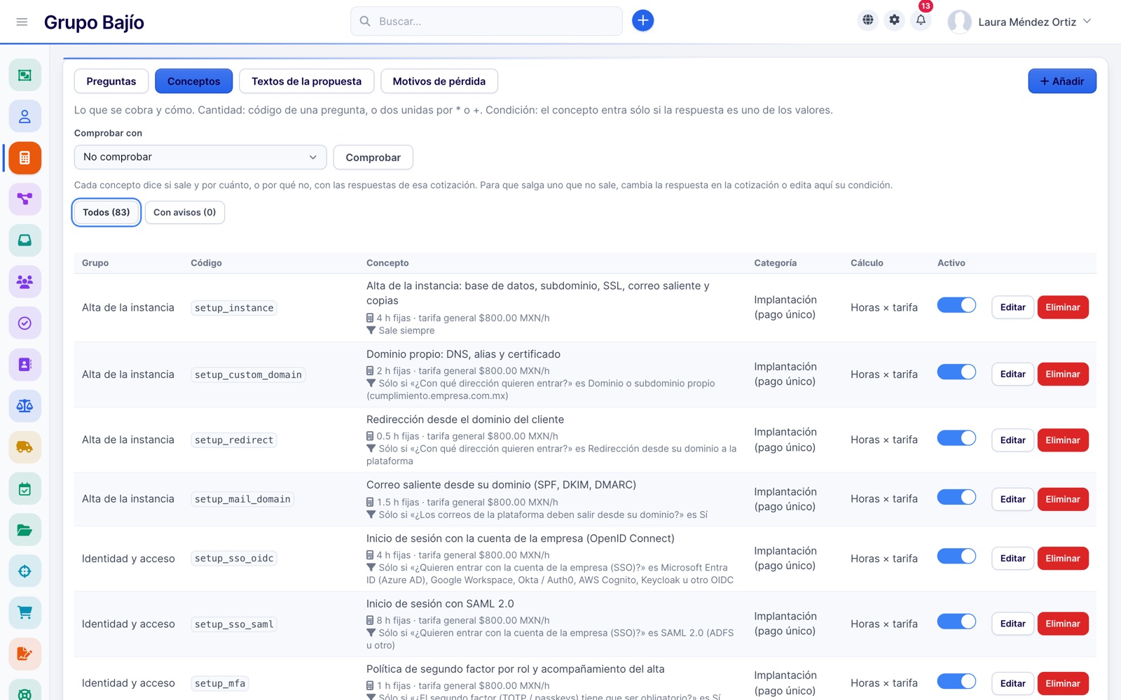 Quoting tool item catalog with group, code, calculation, category and conditions