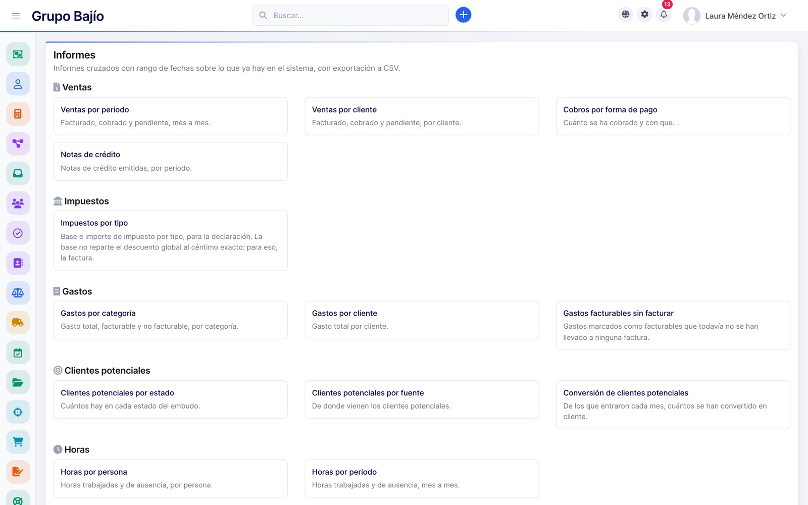 Cross-cutting reports on sales, taxes, expenses and leads
