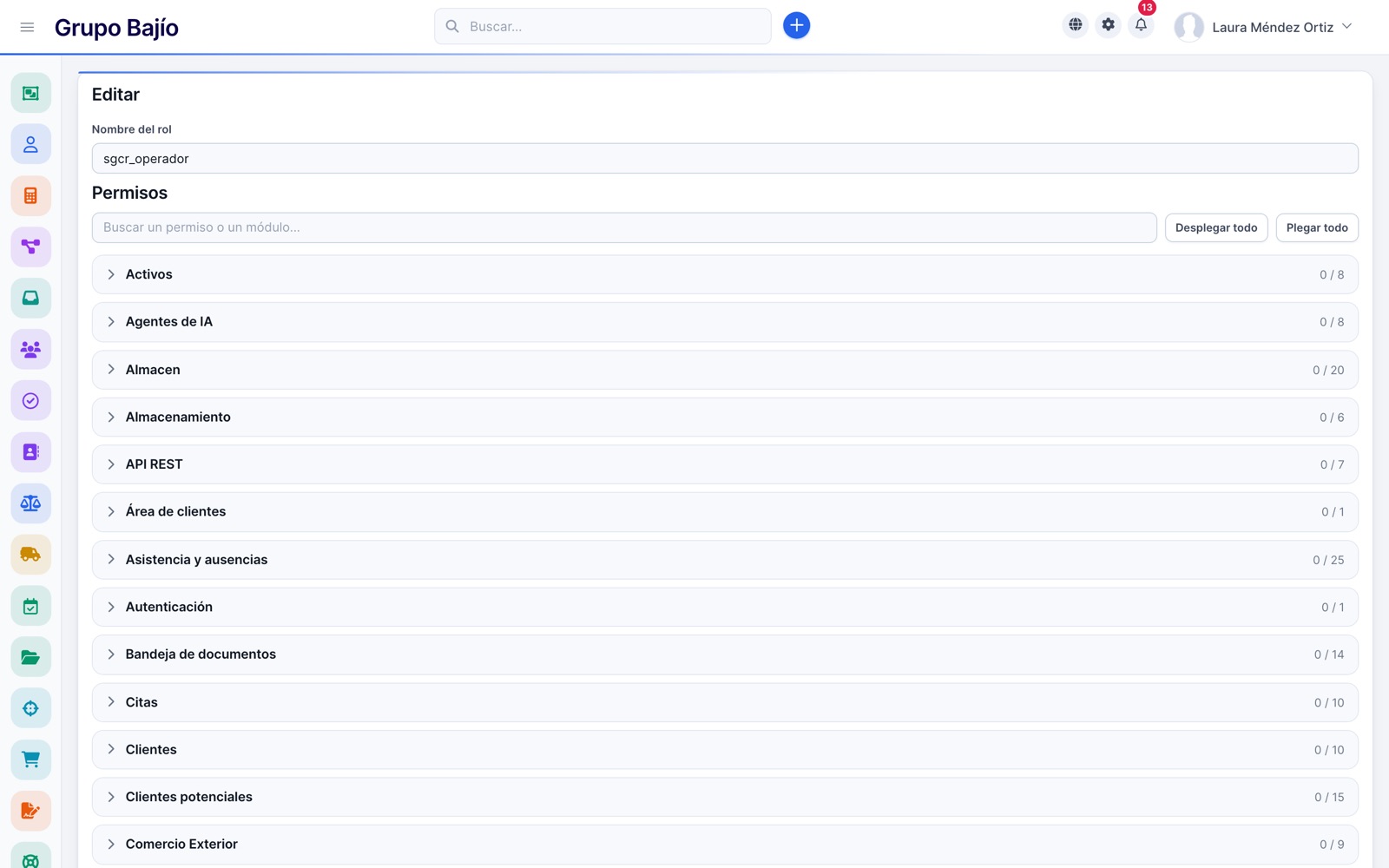 Editing a role with permissions grouped by module