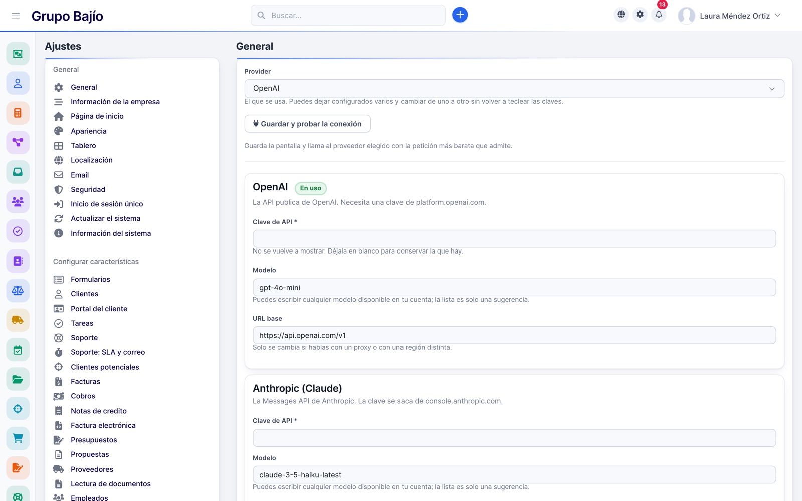 AI settings with OpenAI, Anthropic, Gemini and Azure
