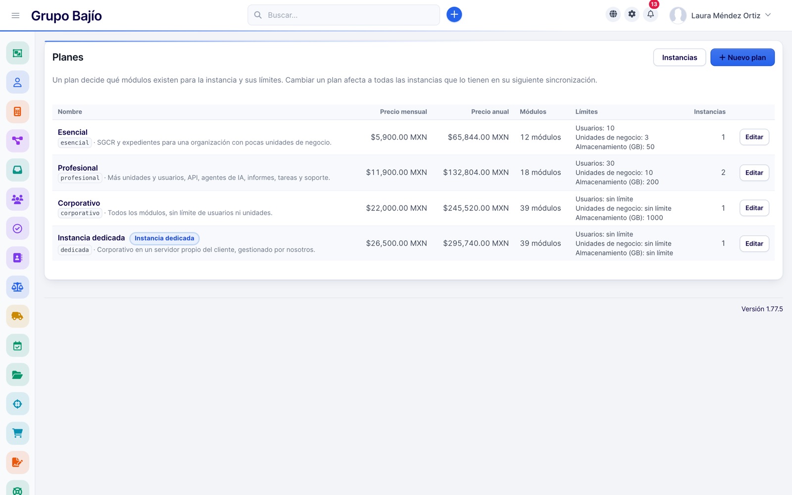 Plans with monthly price, modules and limits