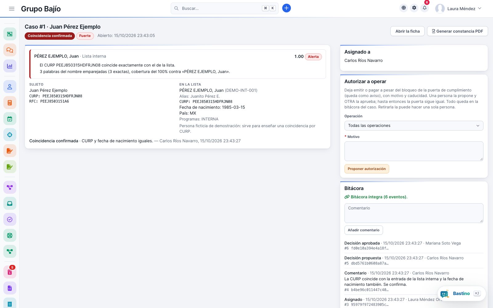 Case closed as a match confirmed by the CURP: decision proposed by an analyst and approved by another person, with the audit log intact over six events
