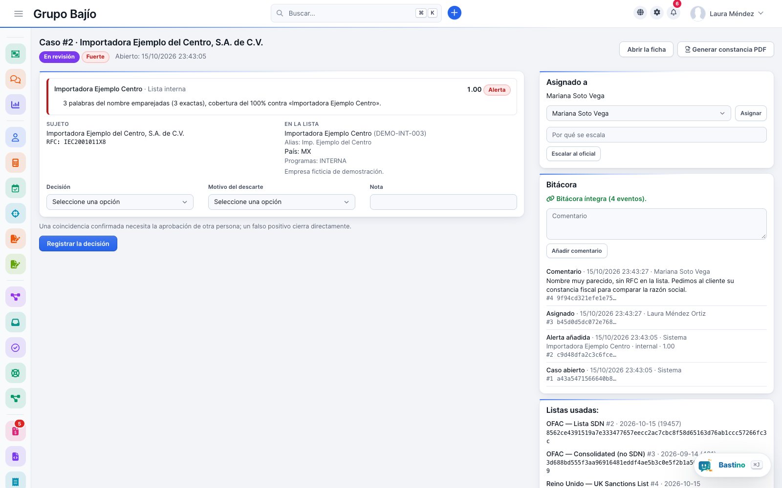 Case under review for a fictitious company: the alert explains that three words of the name matched with one hundred percent coverage, the subject and the list entry side by side, and the decision form