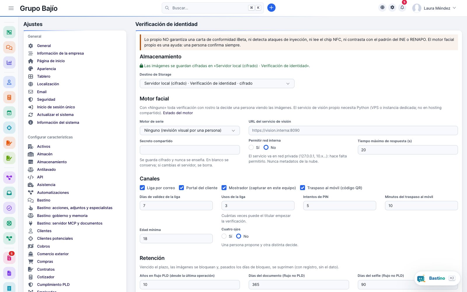 Identity verification settings with the notice of what the built-in verification does not guarantee, the encrypted storage destination, the face engine and the channels