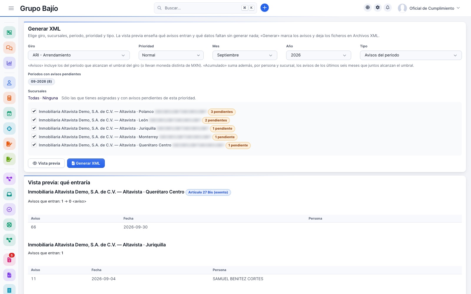 Generar XML: giro, prioridad, periodo y tipo, sucursales con avisos pendientes y vista previa de lo que entraría