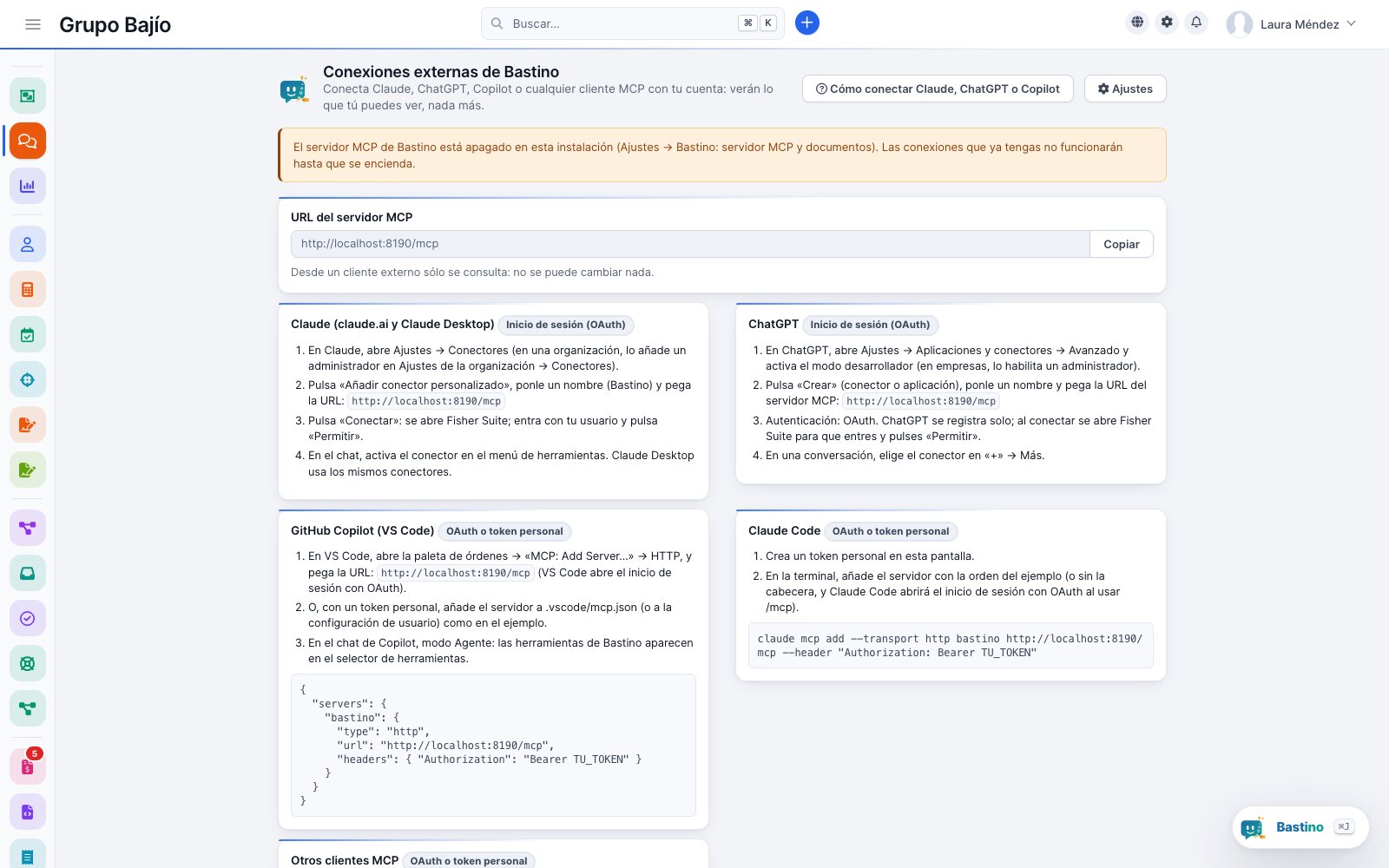 Conexiones externas de Bastino por MCP con sus herramientas de sólo lectura