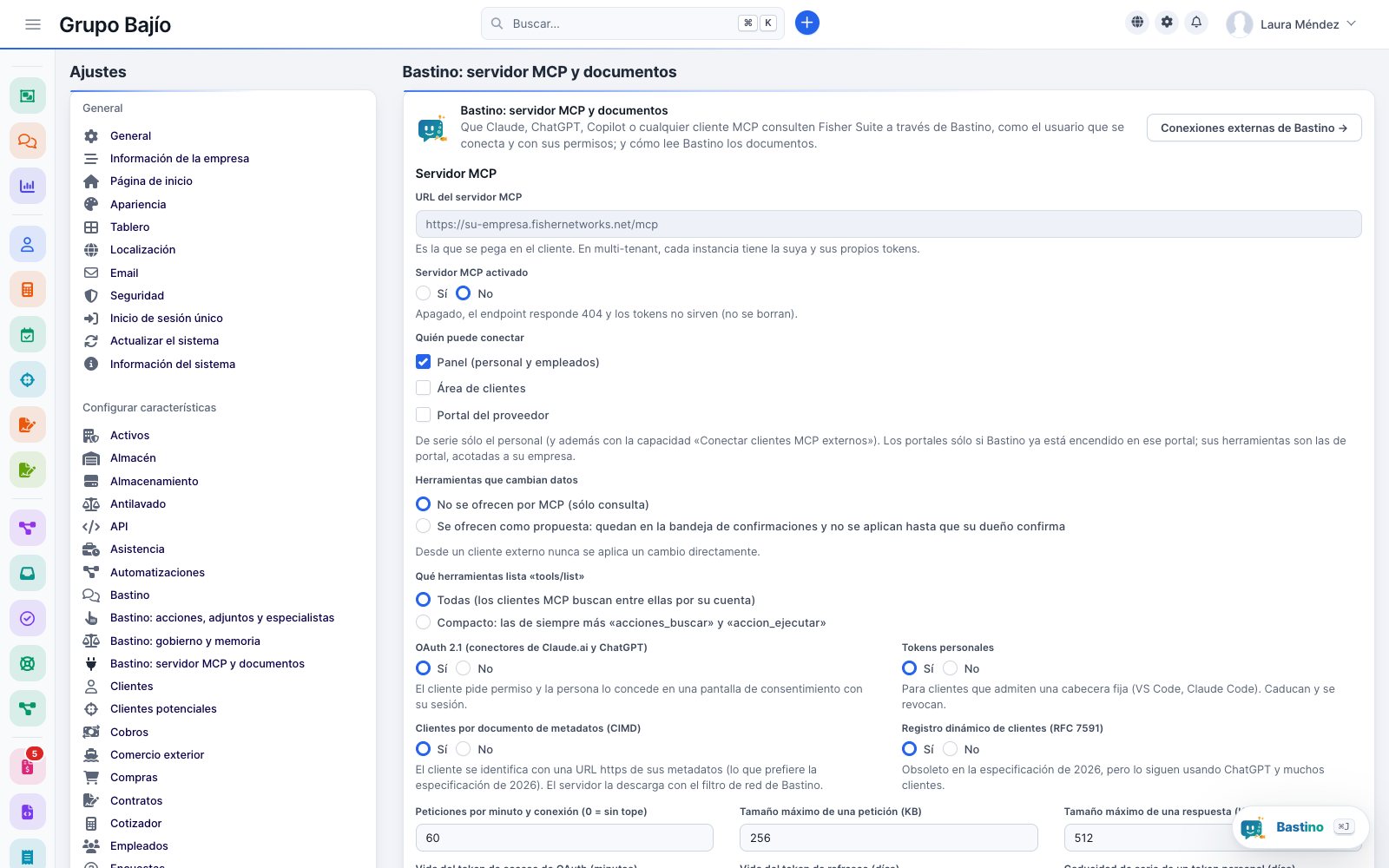 Ajustes del servidor MCP de Bastino: quién puede conectar, herramientas que cambian datos, OAuth 2.1, tokens personales y límites