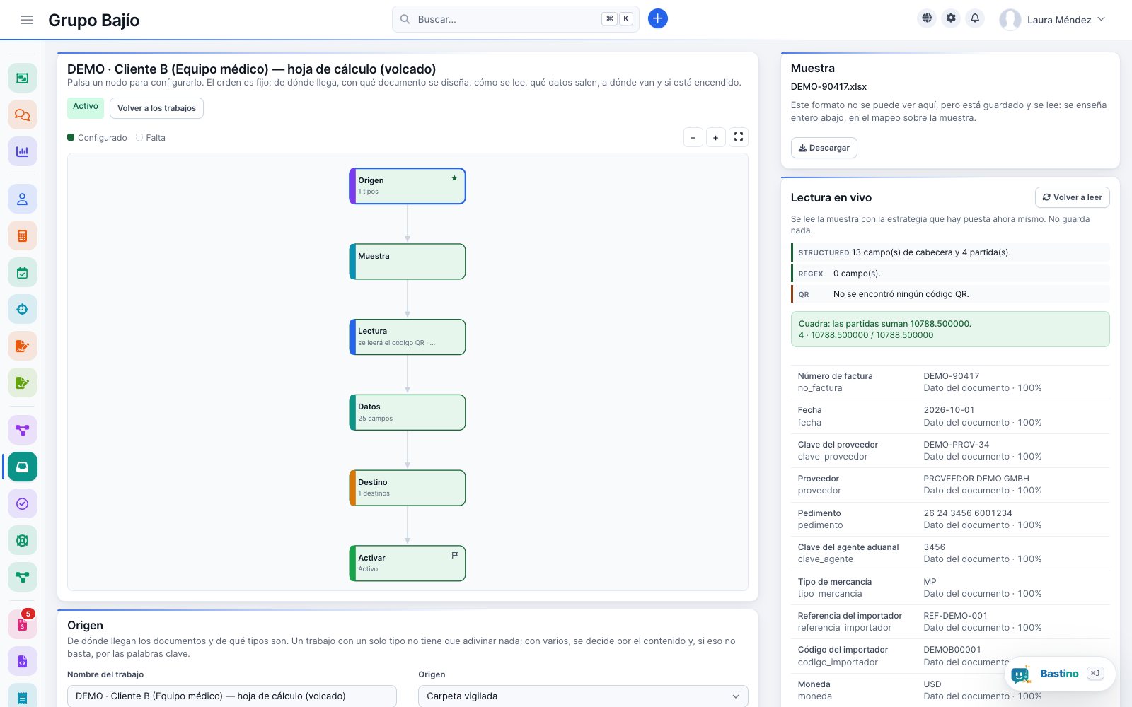 Diseñador de un trabajo de la bandeja: nodos de origen, muestra, lectura, datos, destino y activar