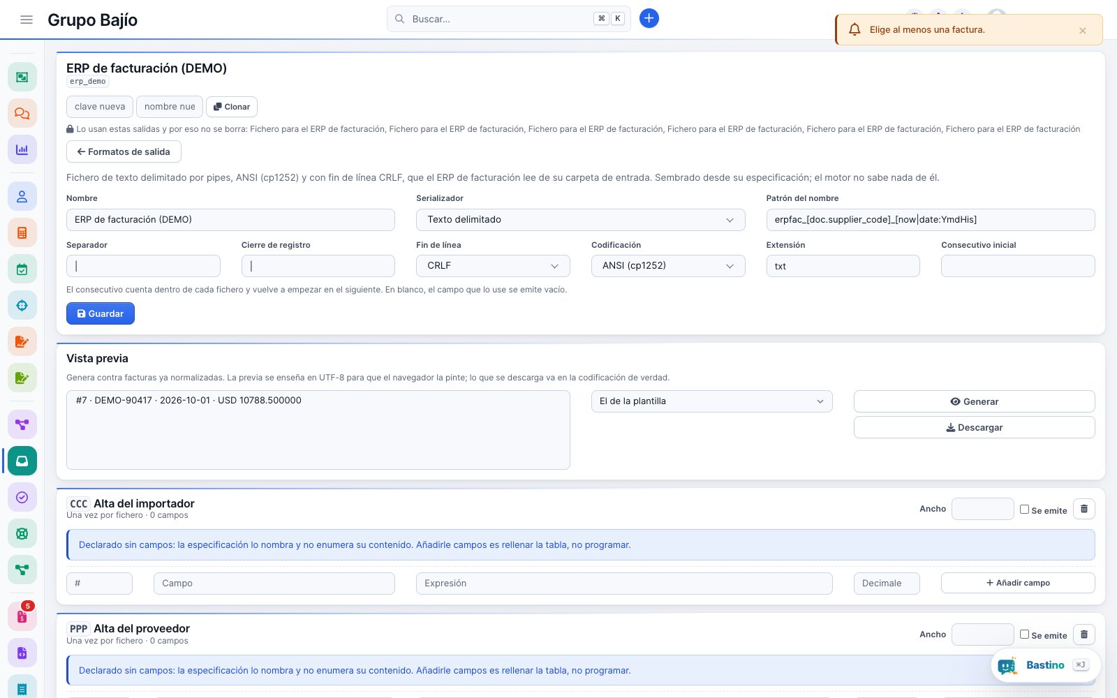 Formato de salida del ERP de facturación: delimitado por pipes, codificación ANSI, fin de línea CRLF y sus registros
