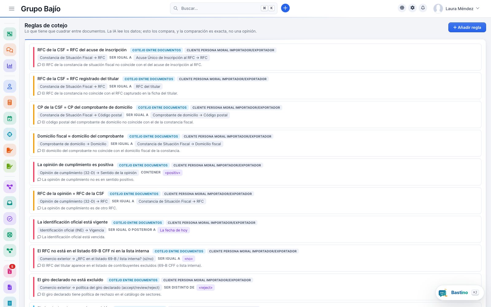 Reglas de cotejo entre documentos del expediente con su condición y su severidad