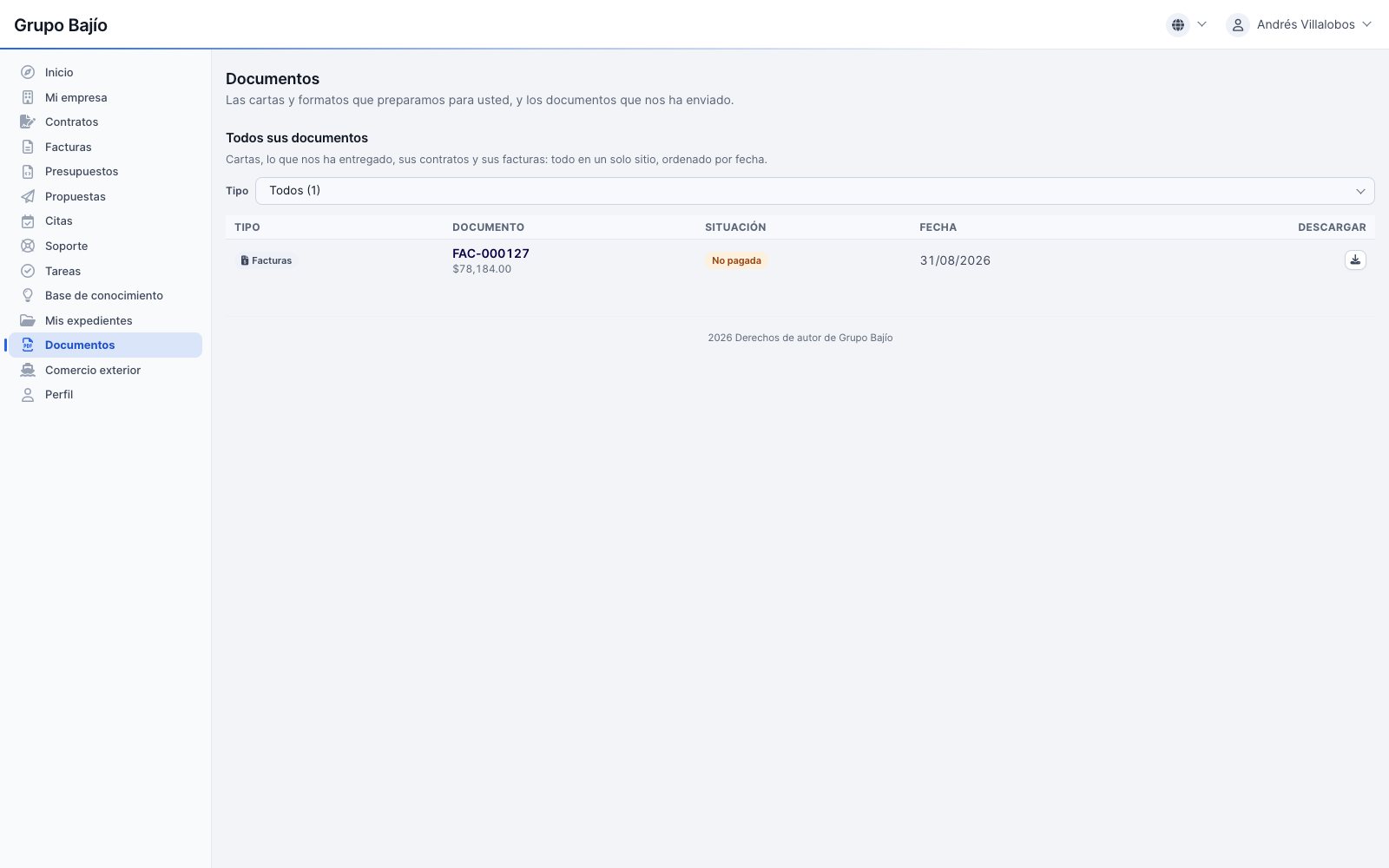 Portal del cliente: documentos con cartas, aportados, contratos y facturas