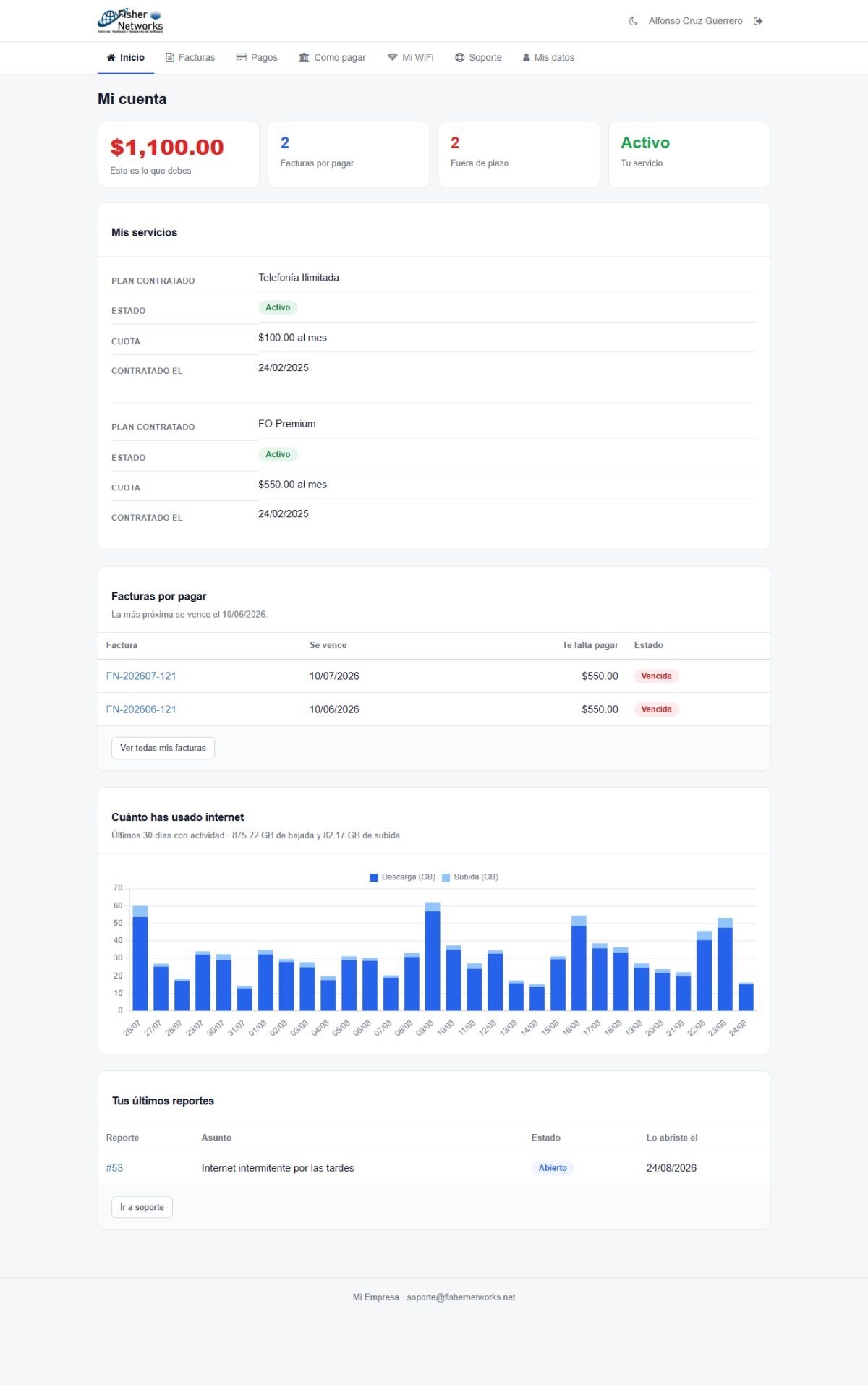 Portal del cliente: saldo, servicios contratados, facturas por pagar y consumo de internet