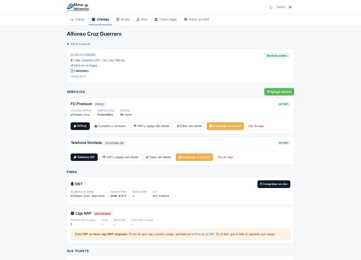 Consola de soporte: servicios, PPPoE, ONT y caja NAP del cliente
