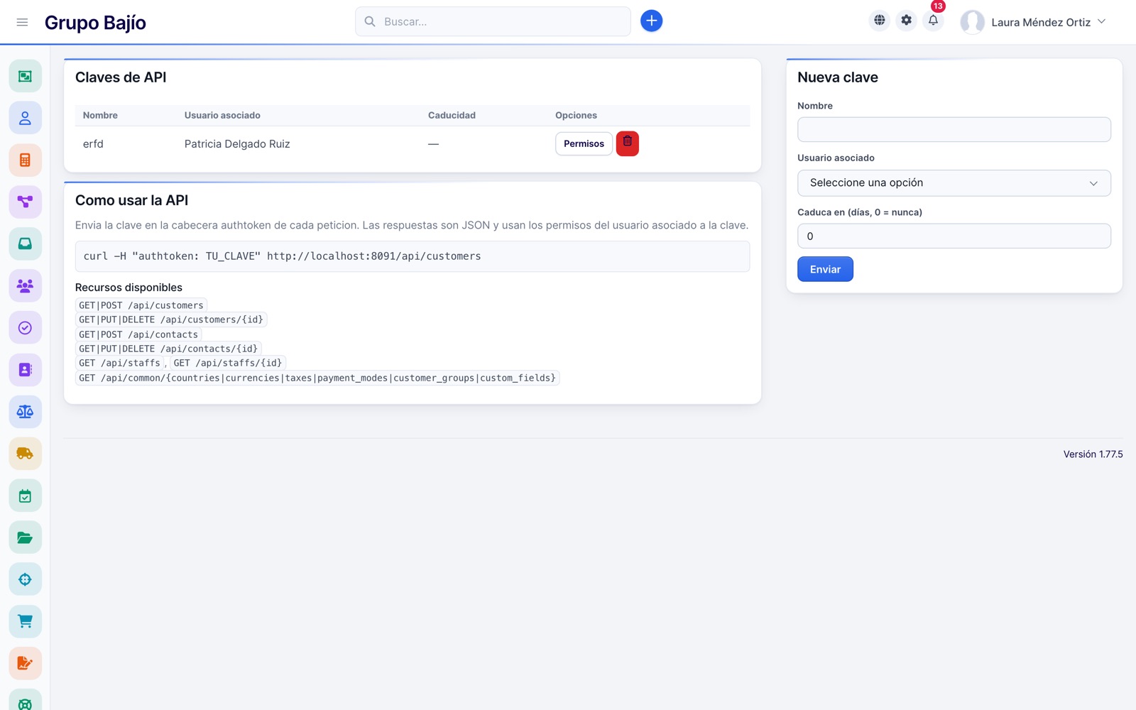 Claves de API y recursos disponibles de la API REST