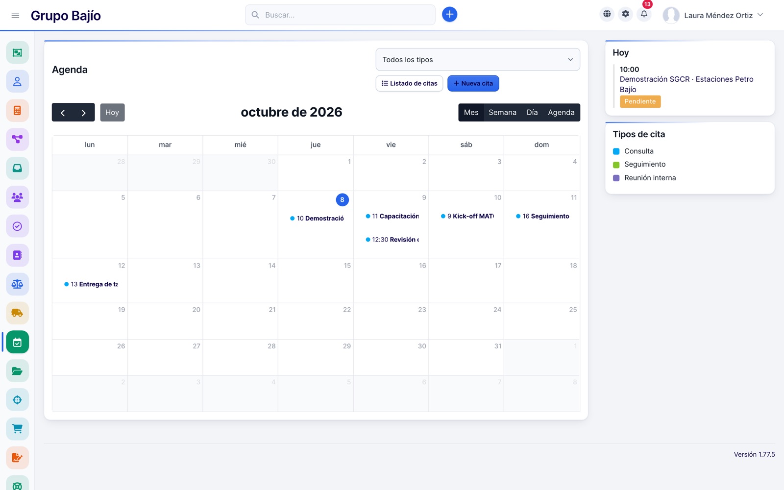 Agenda de citas mensual con tipos de cita