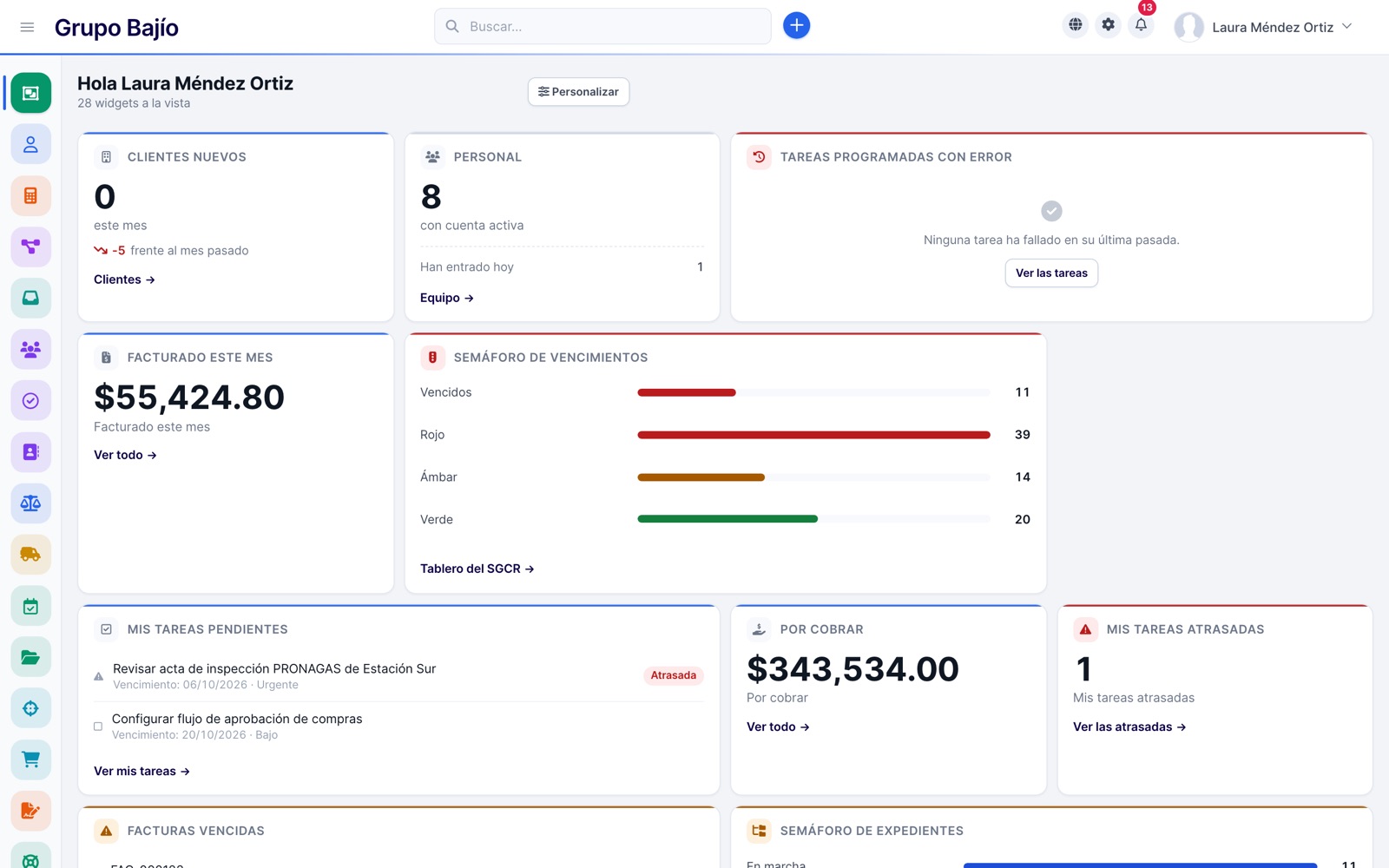 Tablero principal del ERP con widgets de clientes, personal, facturación, semáforo de vencimientos y tareas