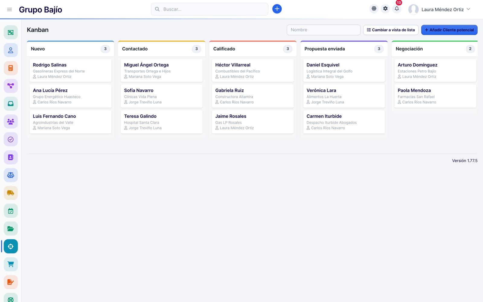 Kanban de clientes potenciales: nuevo, contactado, calificado, propuesta enviada y negociación