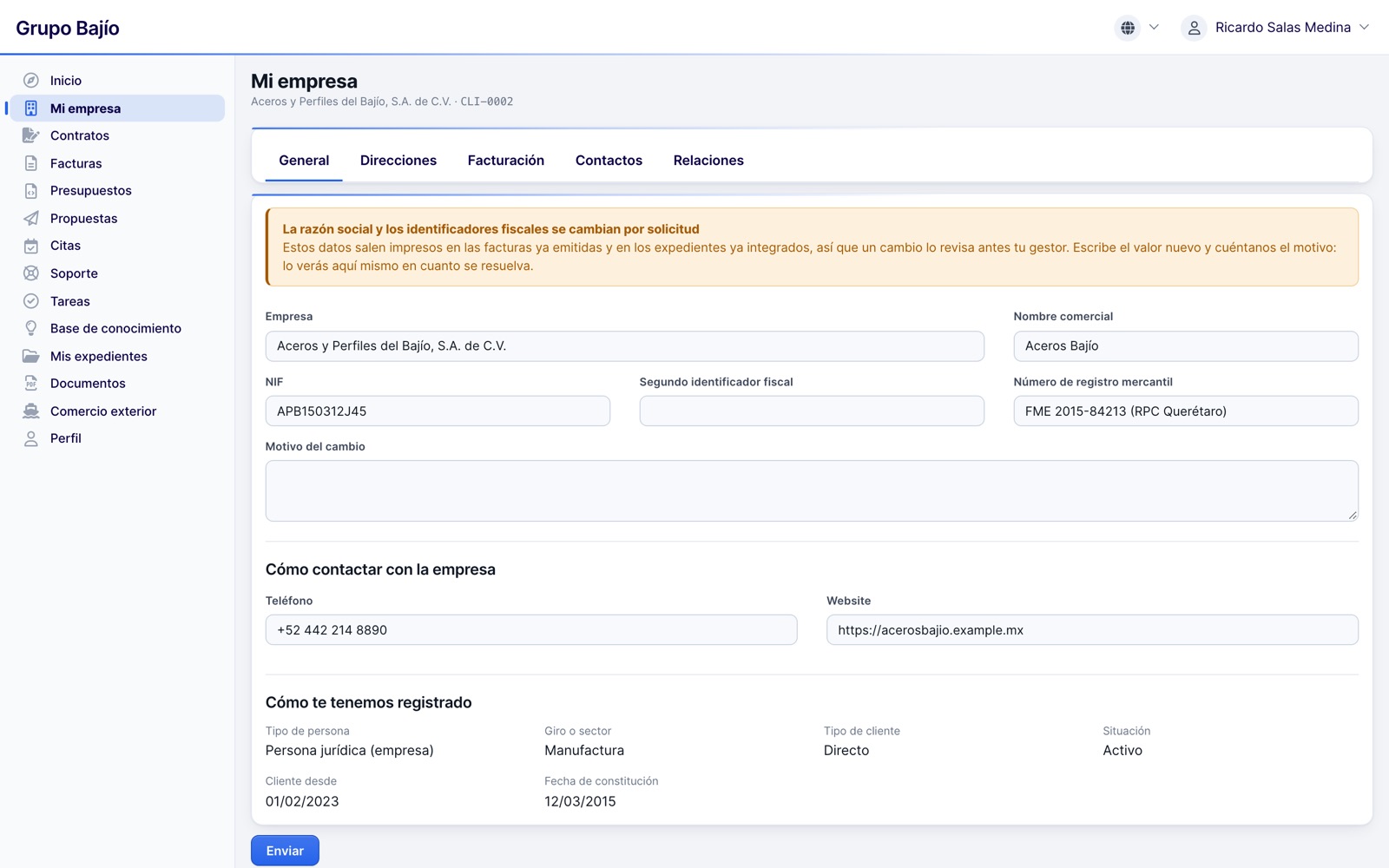 Mi empresa en el portal del cliente con solicitud de cambio de datos fiscales