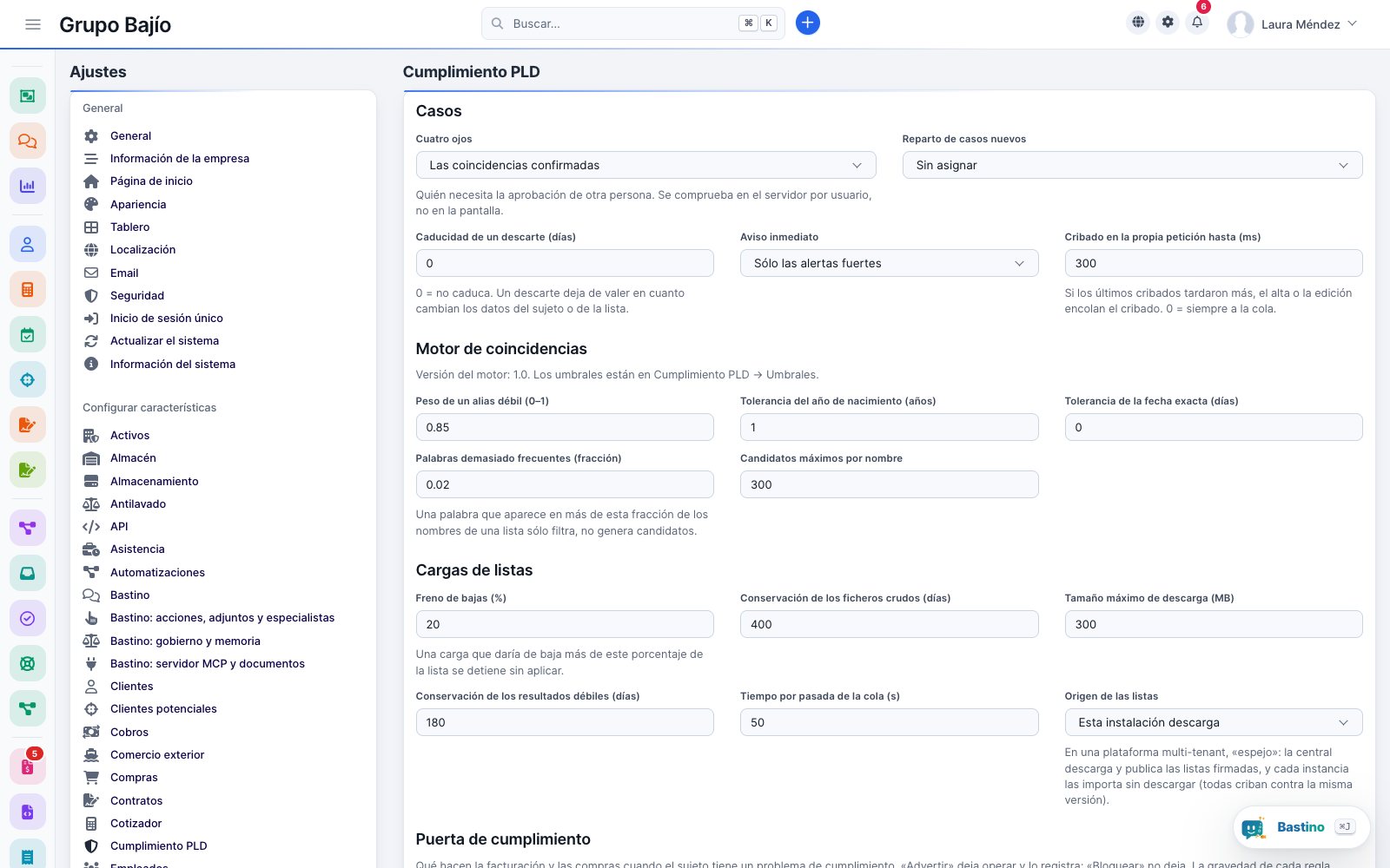 Ajustes de Cumplimiento PLD: cuatro ojos, reparto de casos, motor de coincidencias, cargas de listas y puerta de cumplimiento