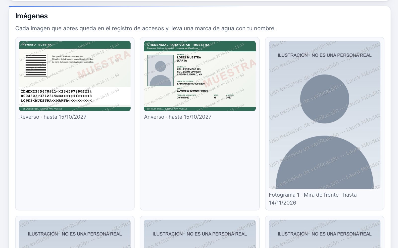 Imágenes de una verificación: reverso y anverso de una credencial de muestra ficticia y fotogramas con ilustraciones, todos con marca de agua con el nombre del revisor